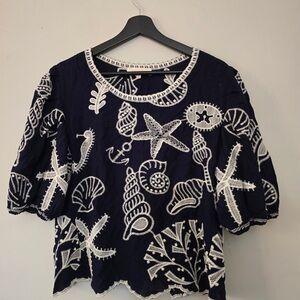 Navy Blue and White Embroidered Women's Top